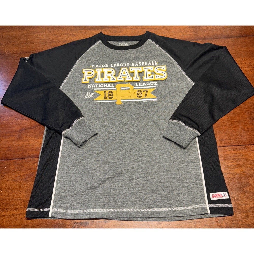 Pittsburgh Pirates Waffle Knit Shirt Mens Large Black Gray Long Sleeve Stitches